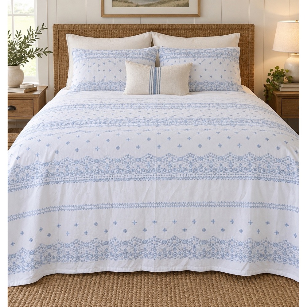 Simply Shabby Duvet Sheet Full Queen White Blue Embroidered Cotton